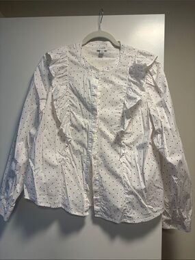J Crew White Long-Sleeve Woman’s Blouse with Red Heart Print